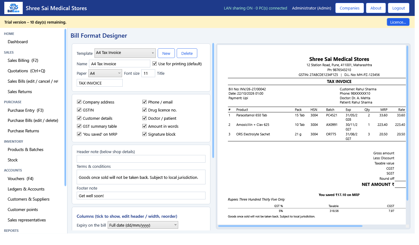 Bill Format Designer in BillEase