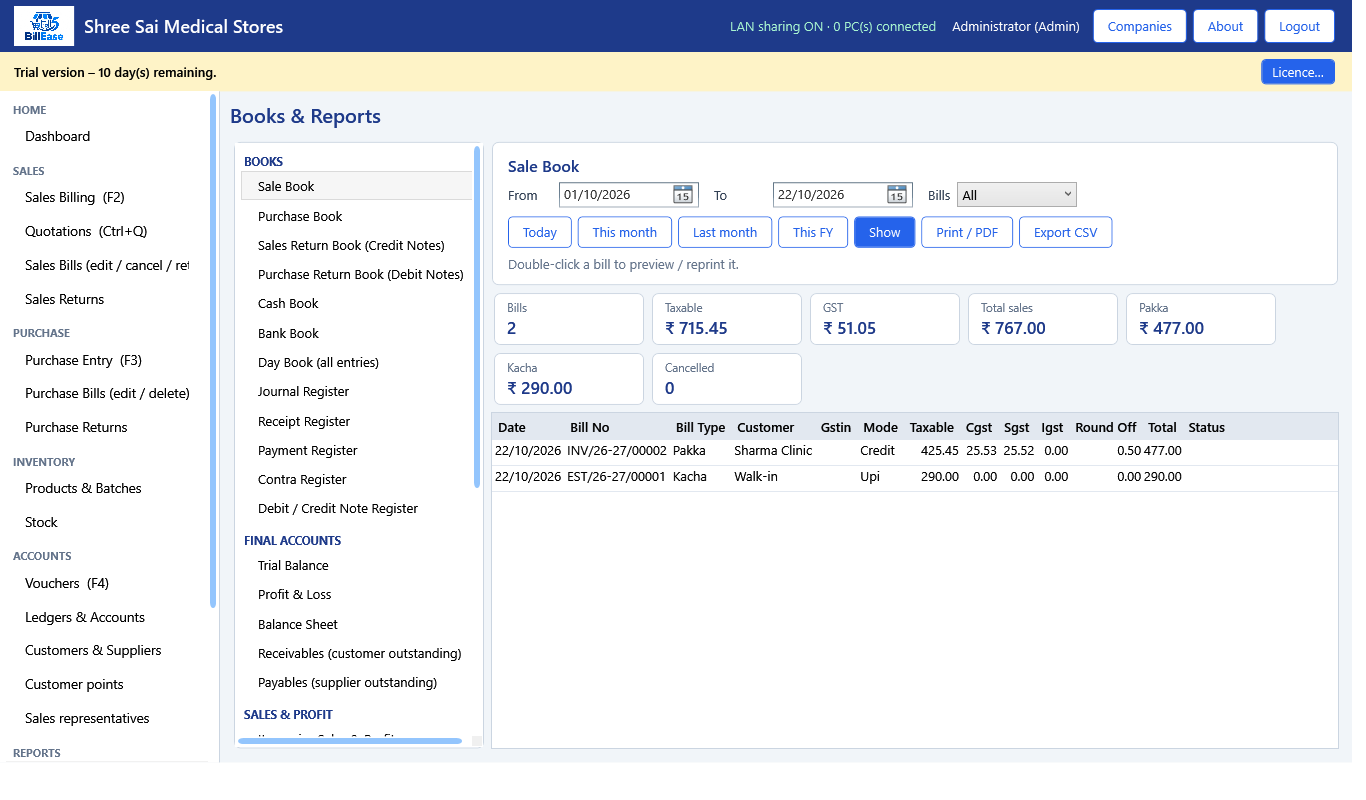 Books & Reports in BillEase