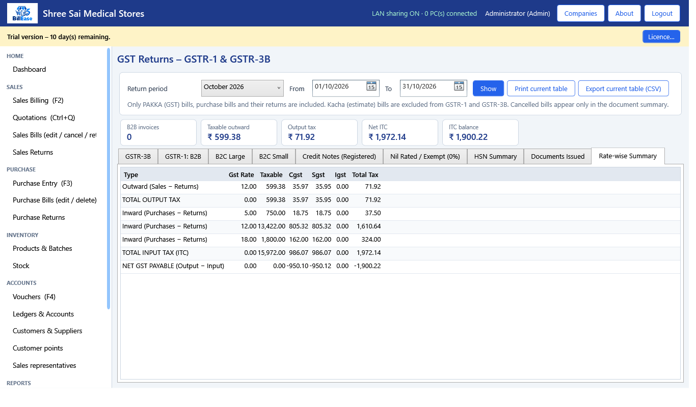 GST Returns (GSTR-1 / 3B) screen in BillEase billing software