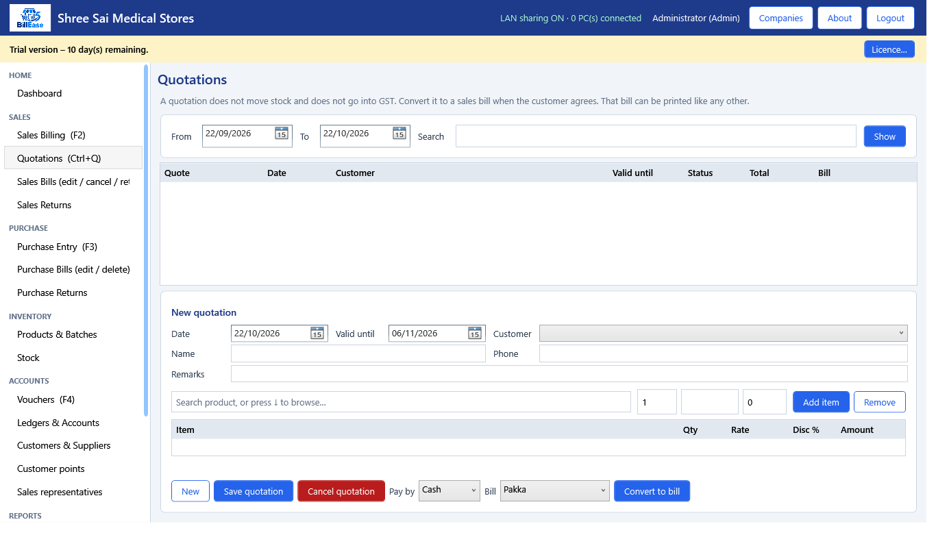 Quotations  (Ctrl+Q) screen in BillEase billing software