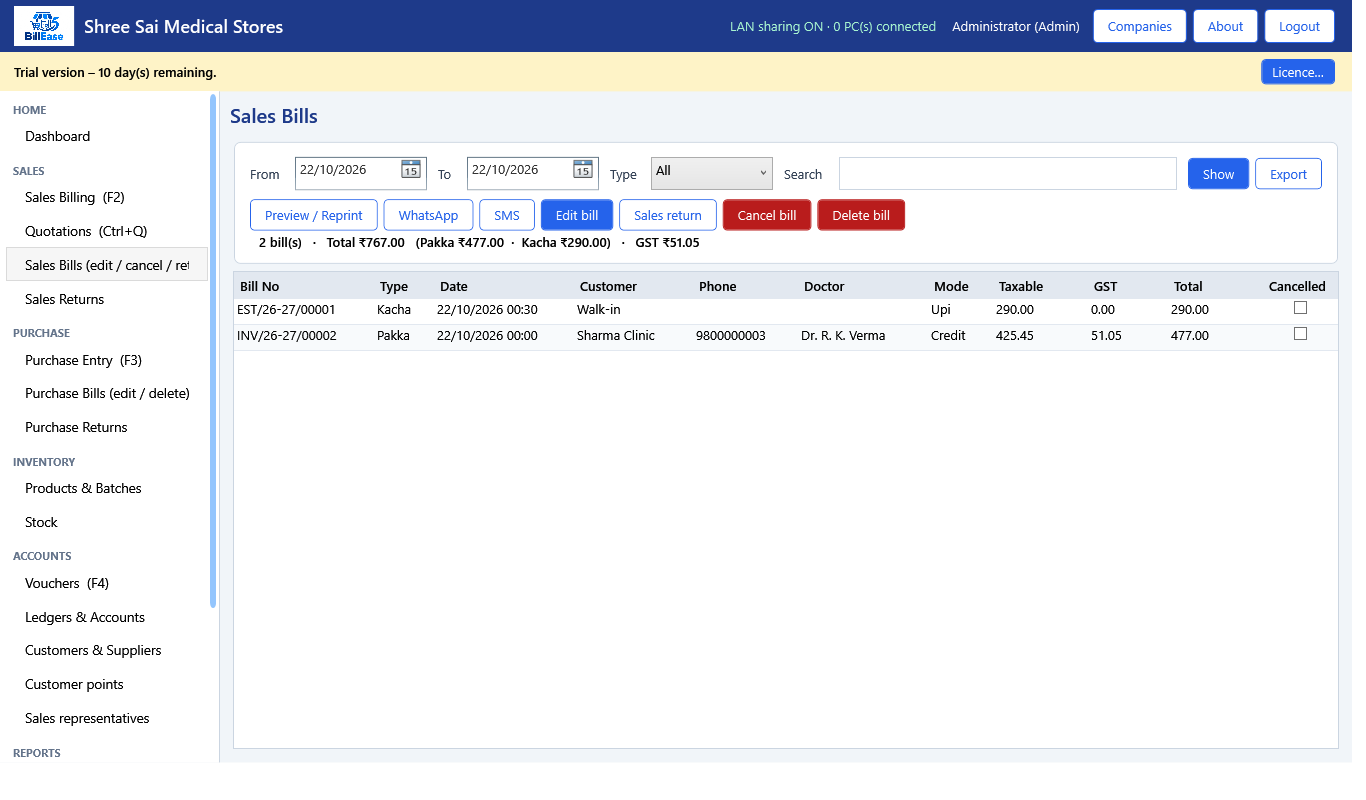 Sales Bills (edit / cancel / return) screen in BillEase billing software