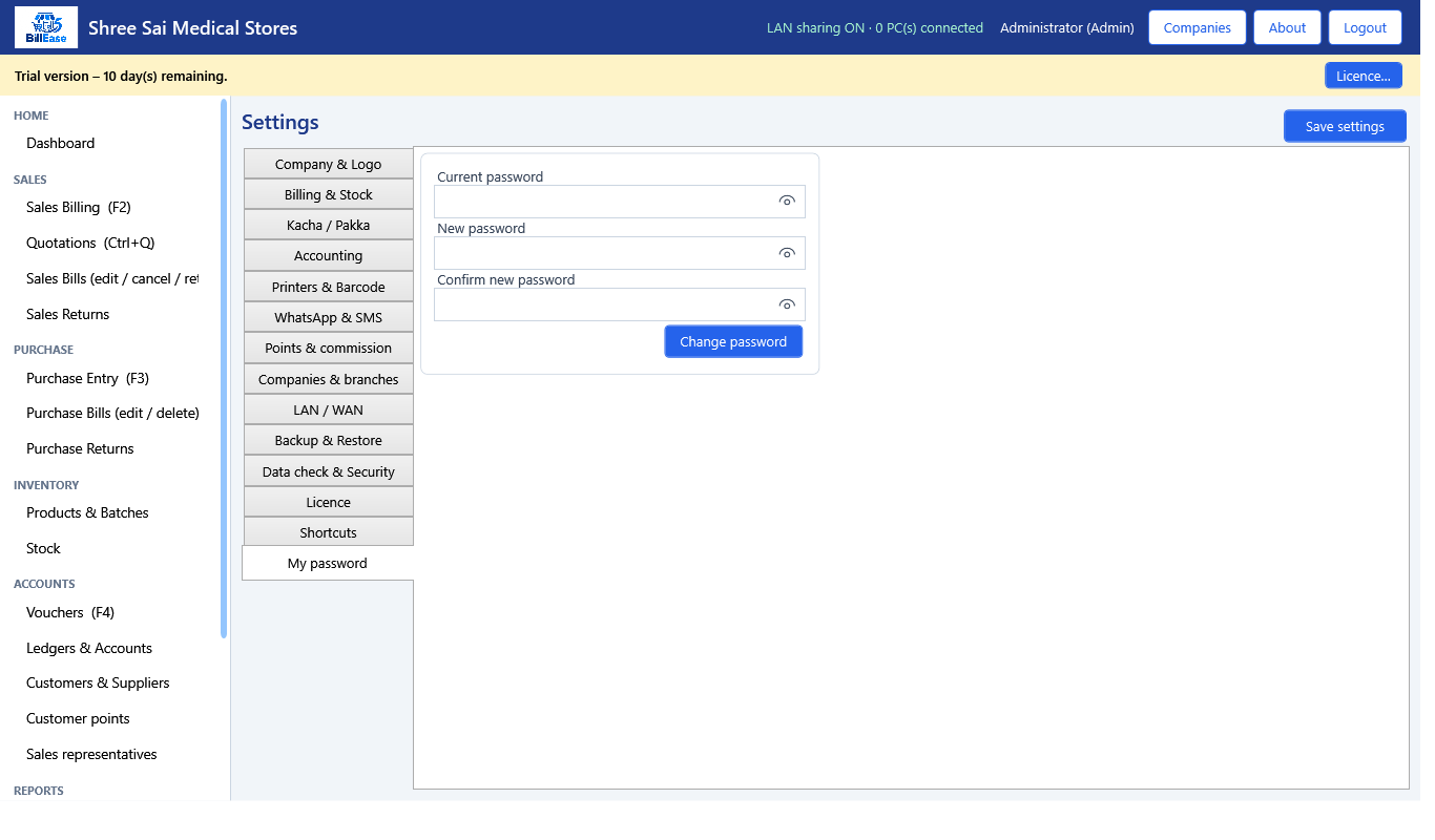 Settings screen in BillEase billing software